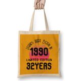 1990 Birthday Gift - Made, Born In 1990 Gift - 32TH Year Old Birthday Gift Vintage Style Bez Çanta Uzun Saplı - Açık Bej - 40 X 40