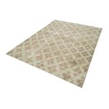 199x273 cm Kareli Kilim Bej Kareli Yün El Dokuma Modern Geometrik Etnik Eskitme Desenli Boho Oturma Odası Salon Yolluk Koridor Mutfak Halısı