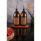 1lt Amber Renkli Ahşap Stantlı Vintage Cam Yağdanlık 2'li Set Zeytinyağı Ayçiçek Yağı Şişesi