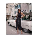 1Moda1Tarz İthal Dantel Ve Denim Kumaş Kemer Ve Fermuar Detaylı Astarlı Özel Tasarım Midi Elbise