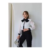 1Moda1Tarz Kadın Üst Ithal Yoryo Şifon Kumaş Yaka Detay Taş Işleme Gömlek Iç Bluz Alt Pantolon Üçlü Takım