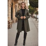 1Tarz Kadın Kemerli Kaşe Kaban %100 Polyester Haki Renk Günlük Stil Ekose Desen