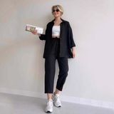 1Tarz Keten Günlük İkili Takım Elbise Pantolon Gömlek - 2XL - Siyah