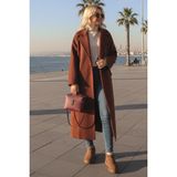 1Tarz Kışlık Astarlı Detaylı Kadın Kaşmir Kaban - 2XL - Kahverengi