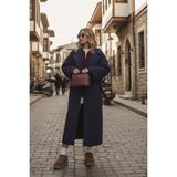 1Tarz Kışlık Astarlı Sırtı Detaylı Kadın Kaşmir Kaban - Lacivert - XL