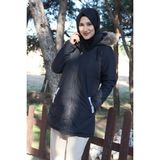 1Tarz Kışlık Kürk Yaka Şişme Kadın Tesettür Mont - Siyah - 2XL