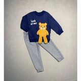 2-3-4 Yaş Ayıcık Sallanan Ayak Desenli Likra Penye Kumaş Sweat Pantolonlu Kız Erkek 2li Çocuk Takımı Lacivert - 3 Yaş