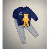 2-3-4 Yaş Ayıcık Sallanan Ayak Desenli Likra Penye Kumaş Sweat Pantolonlu Kız Erkek 2li Çocuk Takımı Lacivert