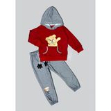 2-3-4 Yaş Pelüş Ayı Desenli Kapşonlu Uzun Kollu Penye Sweat 2li Erkek Çocuk Takımı Bordo - 2 Yaş