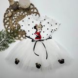 2-3-4 Yaş Puantiyeli Mickey Baskılı Kurdela Kuşaklı Astarlı Kız Bebek Tütü Elbisesi Beyaz - 2 Yaş