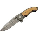 2-31 Damascus Kamp Çakı 19,5cm - Yarı Otomatik, Kemerlikli, Ahşap Metal Sap