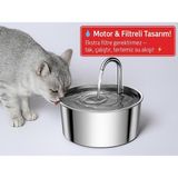 2.5 L Paslanmaz Çelik Kedi Su Sebili | Sessiz Otomatik Su Pınarı Kendinden Filtreli Kedi Su Kabı Oumo - Metalik Gri