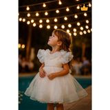 2-8 Yaş Gül Yakalı Grenli Kabarık Tül Kız Bebek Çocuk Abiye Elbise Bayramlık Gelinlik Ekru 3502 - 3 Yaş
