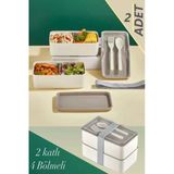 2 Adet 2 Katli Krem Catal Kasikli Saklama Kabi 1003 Lunch Box - Beslenme Bolmeli Yemek Kutusu
