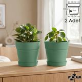 2 Adet 4 Litre Mono Saksı Tabaklı Drenaj Delikli Plastik Çiçek Saksısı - 4L Set - Yeşil