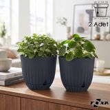 2 Adet 5 Litre Çizgi Saksı Seti 21cm Tabaklı Delikli Plastik Drenajlı Çiçek Saksısı Set - Antrasit - 5 Litre (Set)