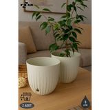 2 Adet 5 Litre Çizgi Saksı Seti 21cm Tabaklı Delikli Plastik Drenajlı Çiçek Saksısı Set - Fildişi - 5 Litre (Set)