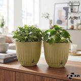 2 Adet 5 Litre Çizgi Saksı Seti 21cm Tabaklı Delikli Plastik Drenajlı Çiçek Saksısı Set - Hardal - 5 Litre (Set)