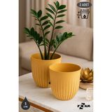 2 Adet 5 Litre Çizgi Saksı Seti 21cm Tabaklı Delikli Plastik Drenajlı Çiçek Saksısı Set - Hardal - 5 Litre (Set)