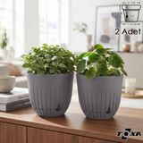 2 Adet 5 Litre Çizgi Saksı Seti 21cm Tabaklı Delikli Plastik Drenajlı Çiçek Saksısı Set - Kahve - 5 Litre (Set)