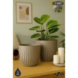 2 Adet 5 Litre Çizgi Saksı Seti 21cm Tabaklı Delikli Plastik Drenajlı Çiçek Saksısı Set - Kahve - 5 Litre (Set)