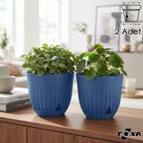 2 Adet 5 Litre Çizgi Saksı Seti 21cm Tabaklı Delikli Plastik Drenajlı Çiçek Saksısı Set - Mavi - 5 Litre (Set)