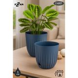 2 Adet 5 Litre Çizgi Saksı Seti 21cm Tabaklı Delikli Plastik Drenajlı Çiçek Saksısı Set - Mavi - 5 Litre (Set)