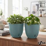 2 Adet 5 Litre Çizgi Saksı Seti 21cm Tabaklı Delikli Plastik Drenajlı Çiçek Saksısı Set - Su Yeşili - 5 Litre (Set)