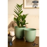 2 Adet 5 Litre Çizgi Saksı Seti 21cm Tabaklı Delikli Plastik Drenajlı Çiçek Saksısı Set - Su Yeşili - 5 Litre (Set)