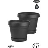 2 Adet 5,5 Litre Mono Saksı Seti Tabaklı Drenaj Delikli Plastik Çiçek Saksısı Set - 5,5L Set - Antrasit