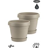 2 Adet 9 Litre Mono Saksı Seti Tabaklı Drenaj Delikli Plastik Çiçek Saksısı Set - 9L Set - Bej