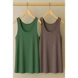2 Adet A Kesim Rahat Kalıp Basic Kalın Askılı Atlet Tişört - Haki - Kahverengi - 3XL