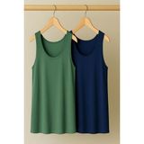 2 Adet A Kesim Rahat Kalıp Basic Kalın Askılı Atlet Tişört - Haki - Lacivert - 2XL