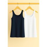 2 Adet A Kesim Rahat Kalıp Basic Kalın Askılı Atlet Tişört - Lacivert-Beyaz - 2XL