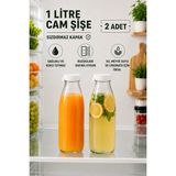 2 Adet Beyaz Plastik Kapaklı 1 Litre Şeffaf Sürahi Süt, Ayran, Su, Limonata Meşrubat Şişesi Cam Şişe - 1,02 lt