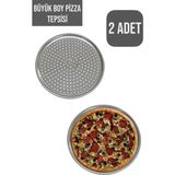(2 Adet) Büyük Boy 32 cm Delikli Pizza Tepsisi Lahmacun Pide Tepsisi-Yanmaz Yapışmaz Pizza Tepsisi - 2 ADET - Krom