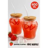 2 Adet Çilek Desenli 400 Ml Borosilikat Cam Bardak – Bambu Kapaklı, Cam Pipet Hediyeli