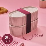 2 Adet Elastik Bantlı Istiflenebilir Pratik Saklama Kabı Seti 2X(1100 Ml) Pembe