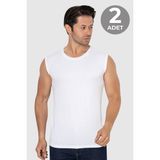 2 Adet Erkek Beyaz Bisiklet Yaka Kolsuz Tişört Atlet Pamuklu Likralı Yumuşak Esnek Kumaş - 2XL