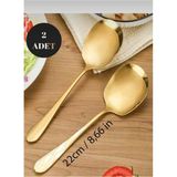 2 Adet Gold Lüks Servis Sunum Pilav Salata ve Tatlı Servis Kaşığı Paslanmaz Çelik Gold Parlak 21CM