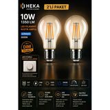 (2 Adet) Heka 10W Günışığı (3000K) E27 Duylu Dim Edilebilir Led Rustik Ampul