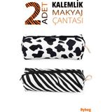 2 Adet Kalemlik İnek Desenli Ve Zebra Desenli Kalemlik Fermuarlı Makyaj Çantası Kalem Kutusu
