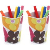 2 Adet Kalemlik Kırmızı Papatya Desenli Ofis Gereci 7X7X11CM 300ML
