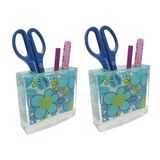 2 Adet Kalemlik Mavi Çiçekli Akrilik Ofis Gereci 10X10X3CM