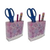 2 Adet Kalemlik Pembe Çiçekli Akrilik Ofis Gereci 10X10X3CM