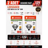 (2 Adet) Ledvance 12V Ac/Dc 6.1W (50W) 3000K (Sarı Işık) Dim Edilebilir Gu5.3 Duylu Led Çanak Ampul Teşhir Vitrin