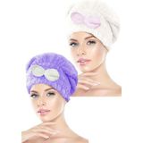 2 Adet Mikrofiber Saç Havlusu Bonesi Lastikli Fiyonklu - Lila - Ekru