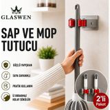 2 Adet Paspas Süpürge Fırça Ve Mop Askısı Sap Tutucu Mutfak Banyo Askı Yapışkanlı Düzenleyici Askılık Gri