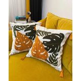 (2 Adet) Punch Nakışlı Püsküllü Kırlent Kılıfı 2'li Set 43X43CM - Beyaz - Gri - 43*43