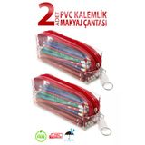 2 Adet Pvc Kalemlik Fermuarlı Şeffaf Makyaj Çantası Kalem Kutusu Kırmızı